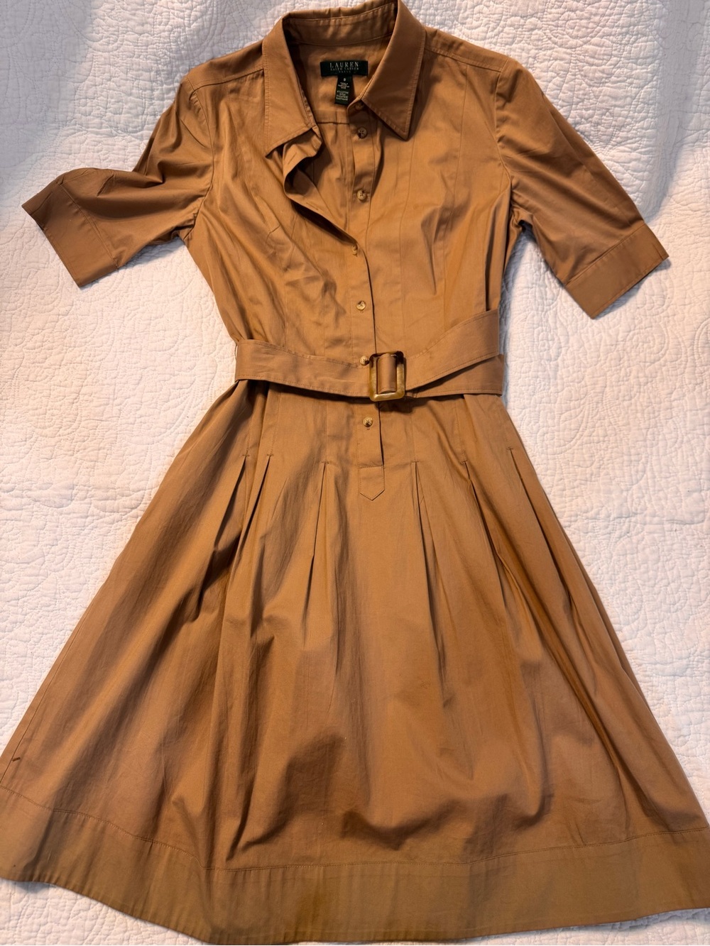 Lauren Ralph Lauren Camel-Brown Belted Shirt Midi Dress